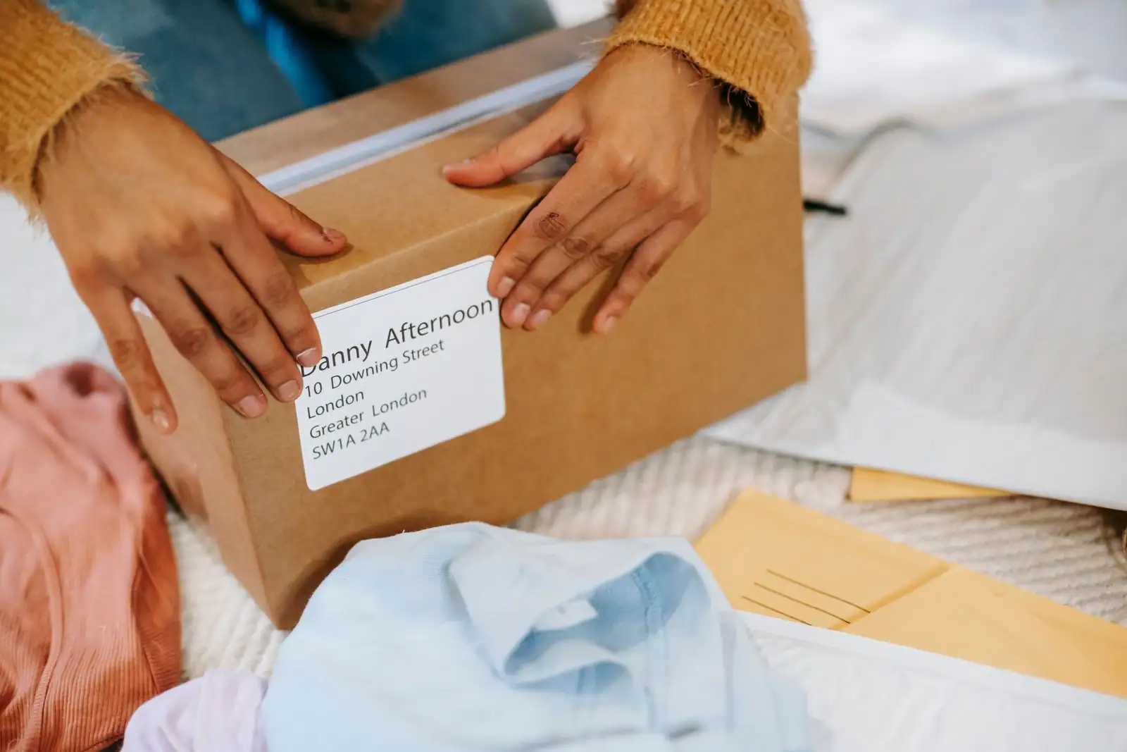 Personne emballant des vêtements dans un carton d'expédition à la maison